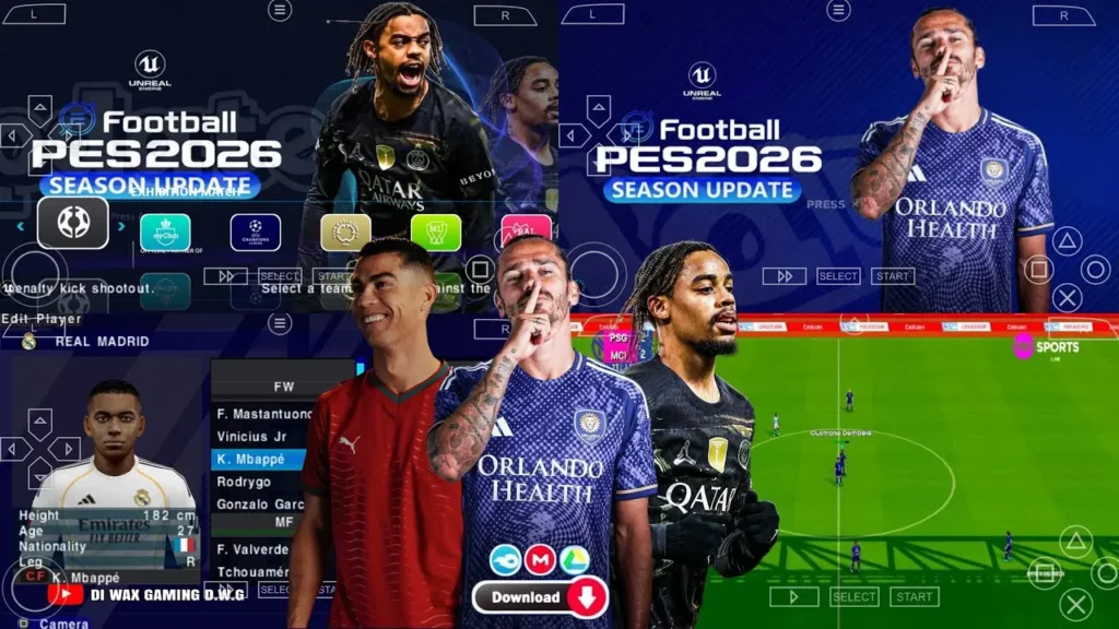 eFootball PES 2026 PPSSPP Original Offline Full UCL Kits 26 and Transfers 4K Graphics